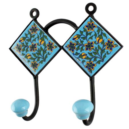 Ceramic Floral Tile Hook in Turquoise
